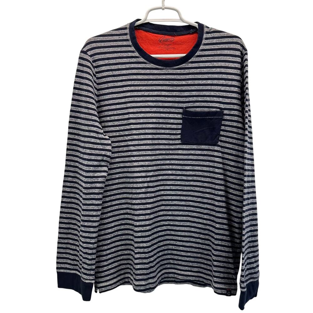 Grayson Double Cloth Long Sleeve Crew Neck Navy Blue Stripe Large